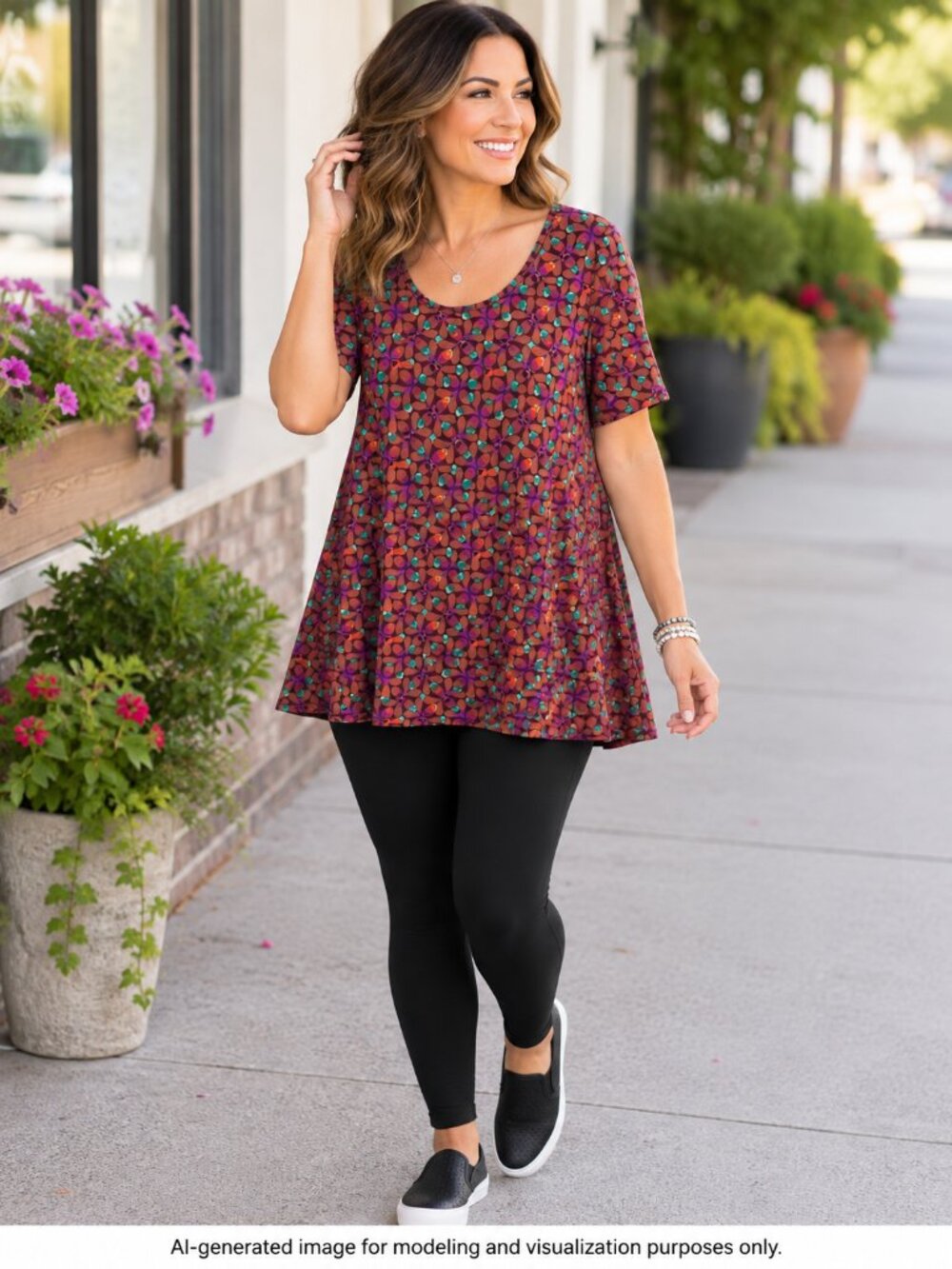 LuLaRoe Perfect T Large Burgundy Brown Multicolor Abstract Swing Top